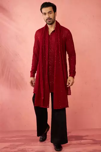 Complete maroon kurta set with pant and dupatta - 3 piece traditional festive ensemble