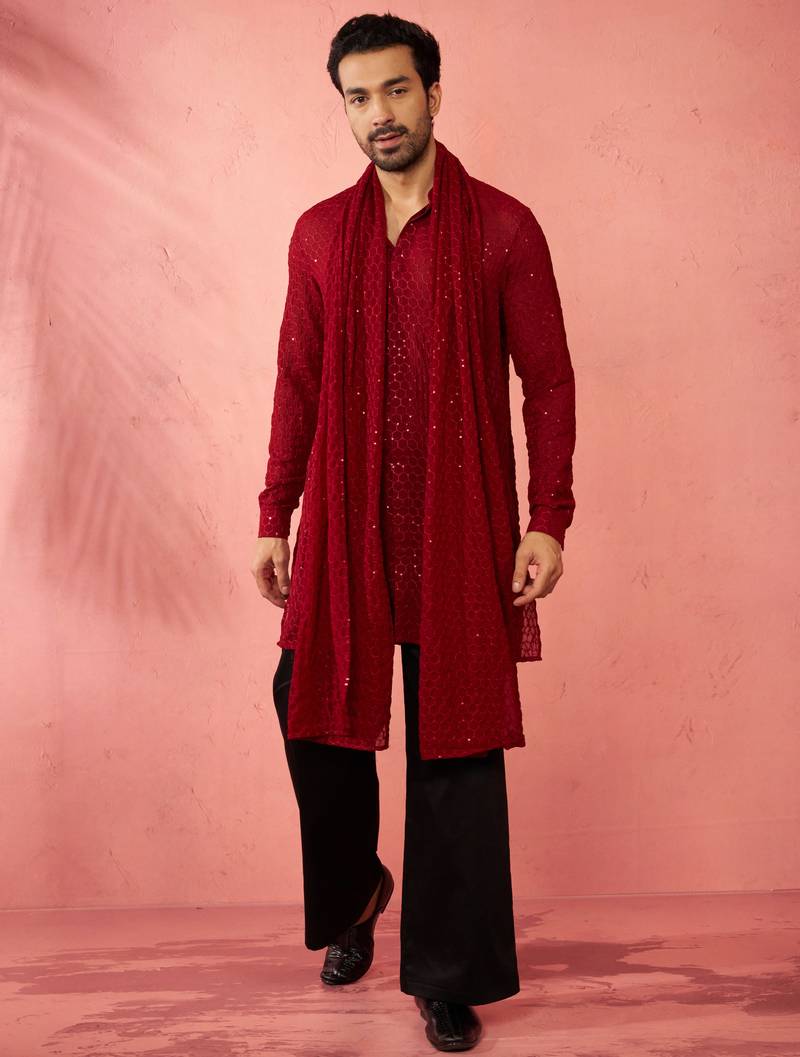 Complete maroon kurta set with pant and dupatta - 3 piece traditional festive ensemble