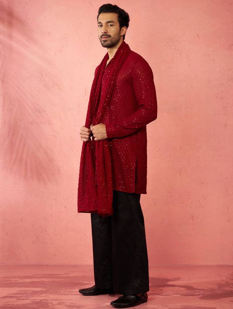 Complete maroon kurta set with pant and dupatta - 3 piece traditional festive ensemble