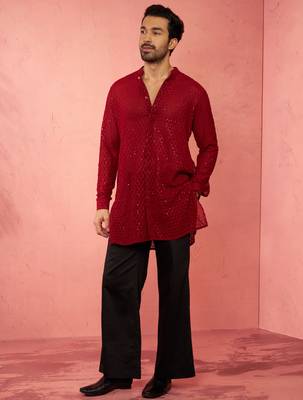 Maroon georgette embroidered kurta with black satin palazzo pant set - traditional festive wear 1
