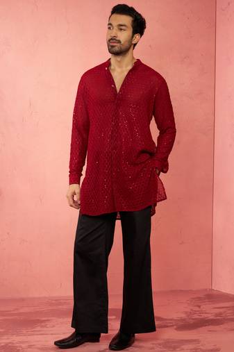 Maroon georgette embroidered kurta with black satin palazzo pant set - traditional festive wear