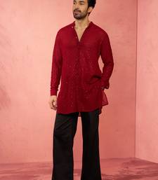 Maroon georgette embroidered kurta with black satin palazzo pant set - traditional festive wear