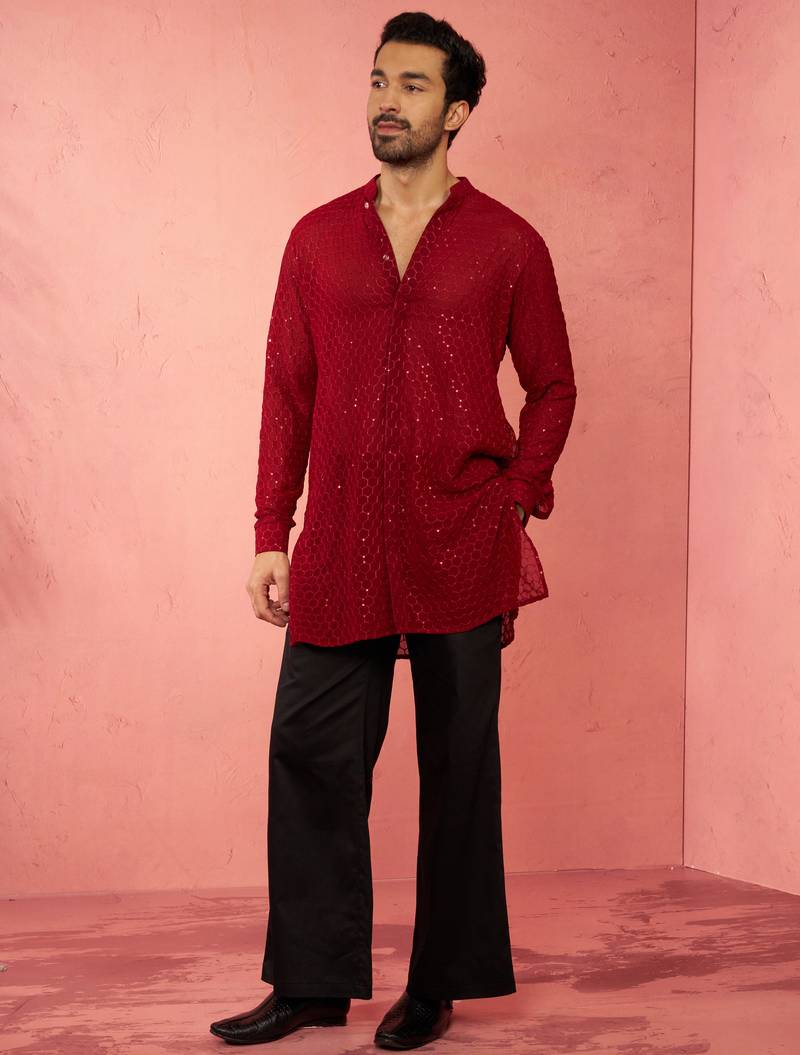 Maroon georgette embroidered kurta with black satin palazzo pant set - traditional festive wear