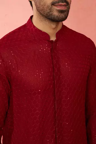 Maroon georgette embroidered kurta with black satin palazzo pant set - traditional festive wear