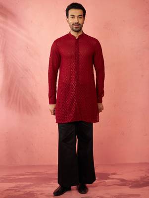 Maroon georgette embroidered kurta with black satin palazzo pant set - traditional festive wear 3