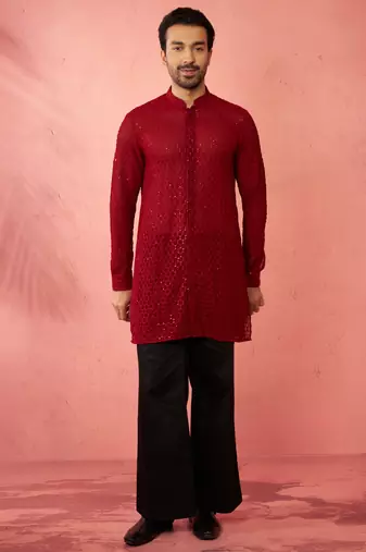 Maroon georgette embroidered kurta with black satin palazzo pant set - traditional festive wear