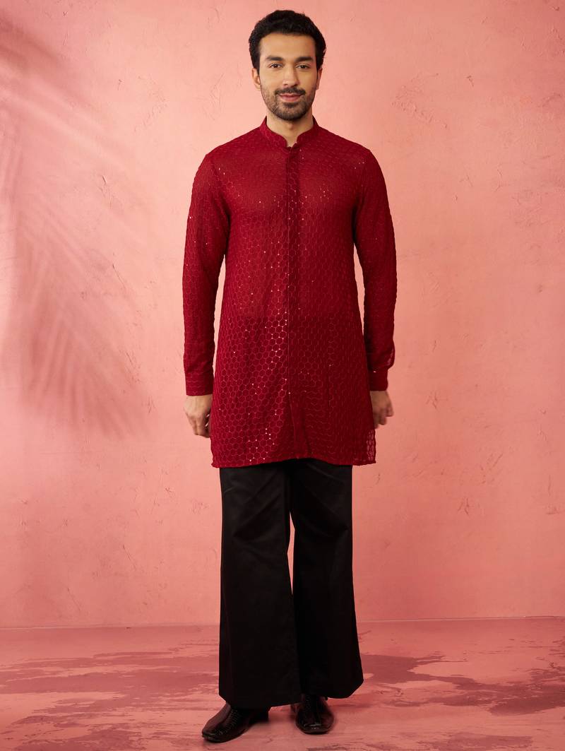 Maroon georgette embroidered kurta with black satin palazzo pant set - traditional festive wear