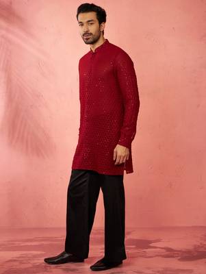 Maroon georgette embroidered kurta with black satin palazzo pant set - traditional festive wear 4