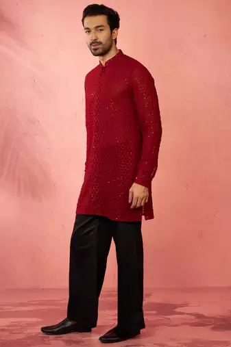 Maroon georgette embroidered kurta with black satin palazzo pant set - traditional festive wear
