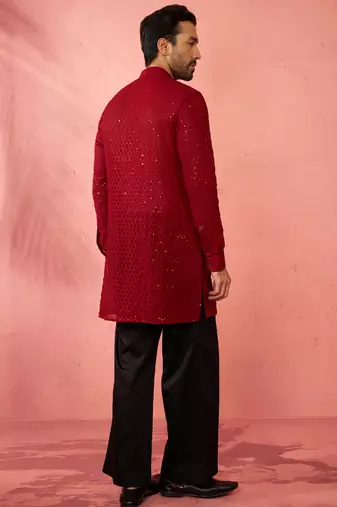 Maroon georgette embroidered kurta with black satin palazzo pant set - traditional festive wear
