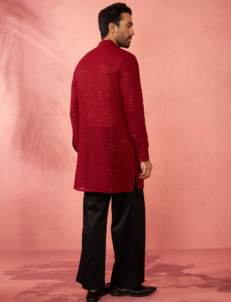 Maroon georgette embroidered kurta with black satin palazzo pant set - traditional festive wear