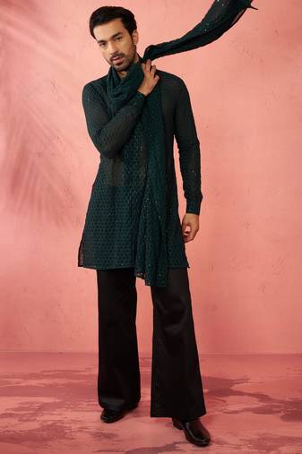 Complete bottle green kurta set with pant and dupatta - 3 piece festive ethnic wear