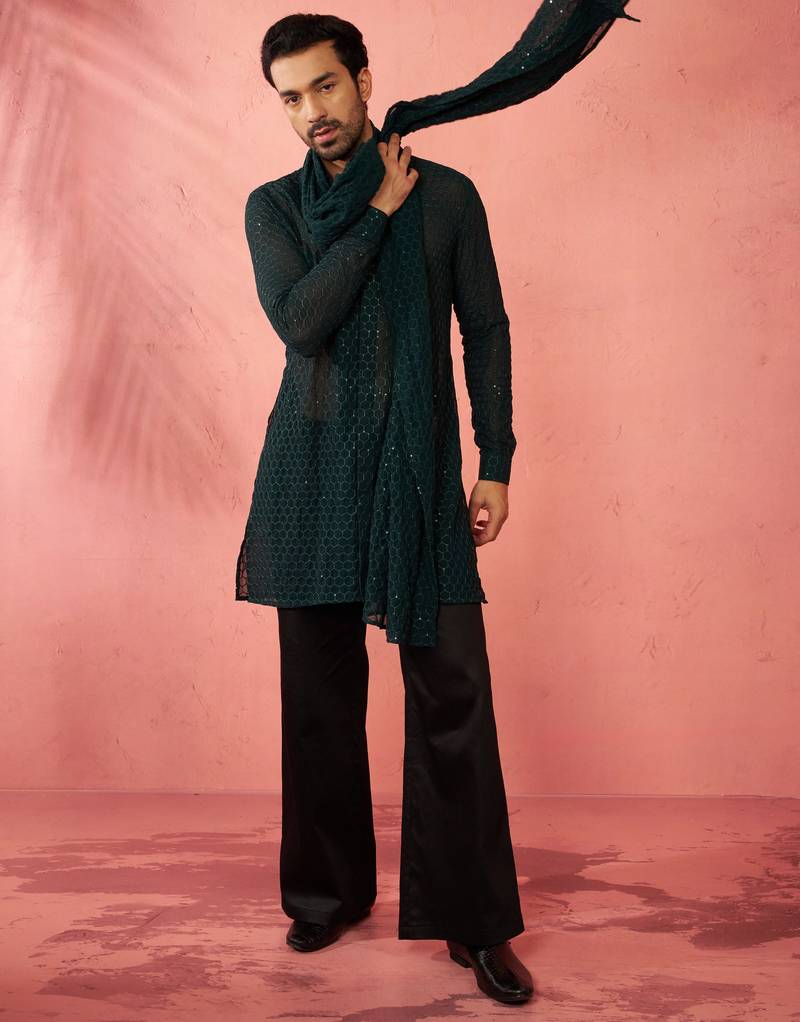 Complete bottle green kurta set with pant and dupatta - 3 piece festive ethnic wear