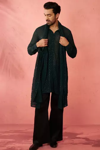 Complete bottle green kurta set with pant and dupatta - 3 piece festive ethnic wear