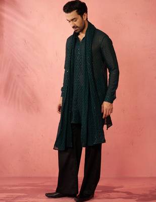 Complete bottle green kurta set with pant and dupatta - 3 piece festive ethnic wear 4