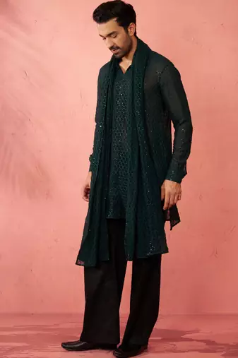 Complete bottle green kurta set with pant and dupatta - 3 piece festive ethnic wear