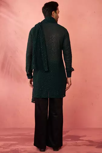 Complete bottle green kurta set with pant and dupatta - 3 piece festive ethnic wear