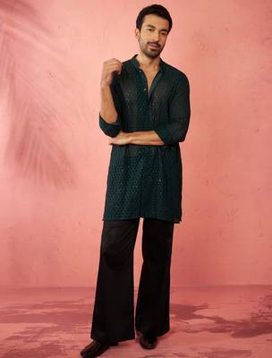 Bottle green georgette embroidered kurta with black satin palazzo pant set - festive ethnic wear 1