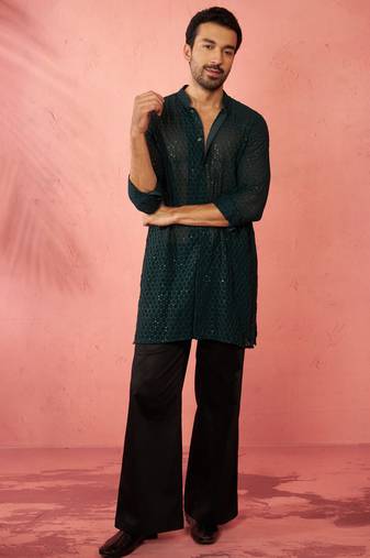 Bottle green georgette embroidered kurta with black satin palazzo pant set - festive ethnic wear