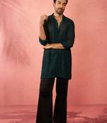 Bottle green georgette embroidered kurta with black satin palazzo pant set - festive ethnic wear