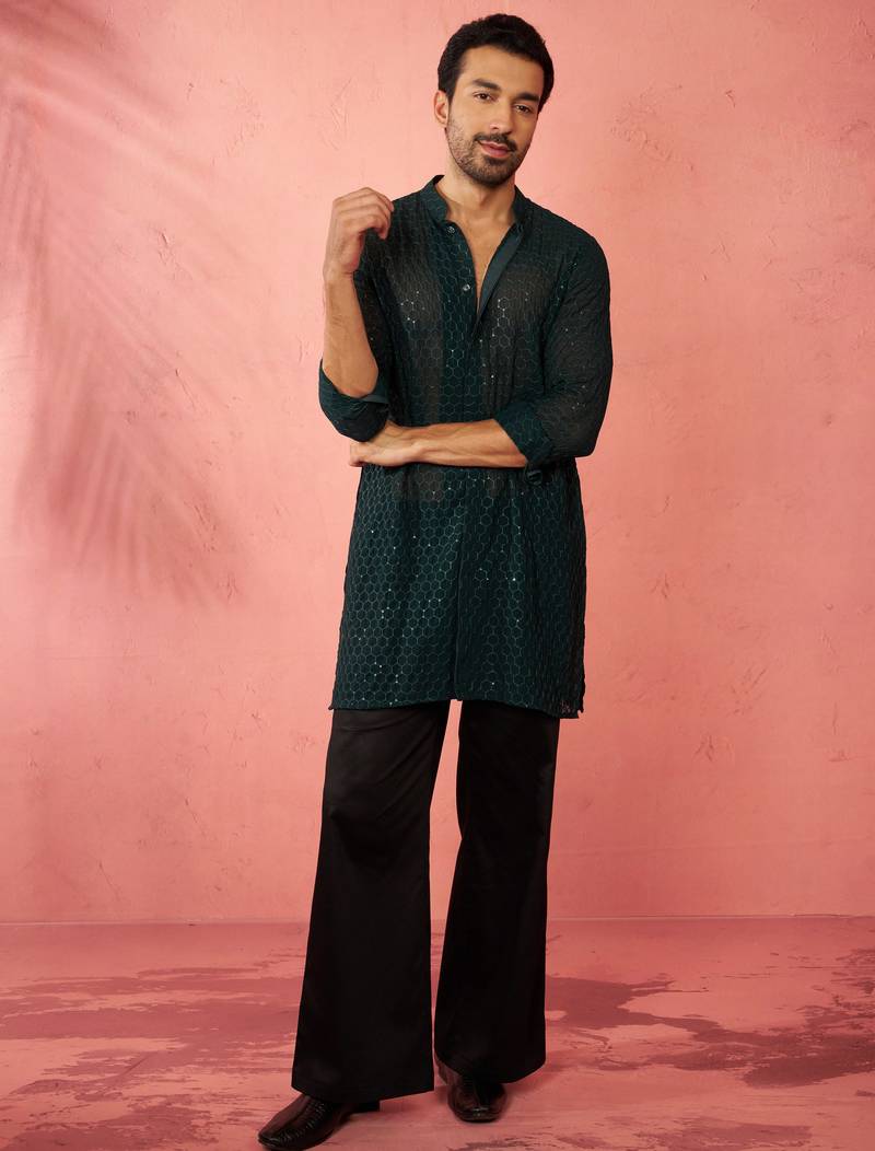 Bottle green georgette embroidered kurta with black satin palazzo pant set - festive ethnic wear