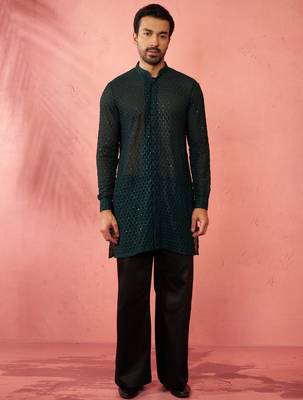 Bottle green georgette embroidered kurta with black satin palazzo pant set - festive ethnic wear 3