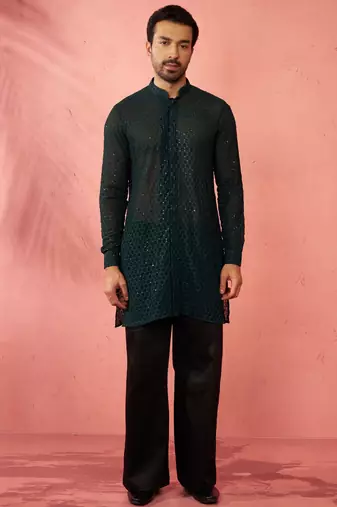 Bottle green georgette embroidered kurta with black satin palazzo pant set - festive ethnic wear