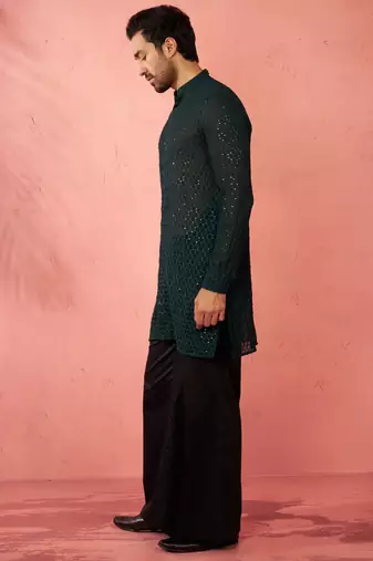 Bottle green georgette embroidered kurta with black satin palazzo pant set - festive ethnic wear