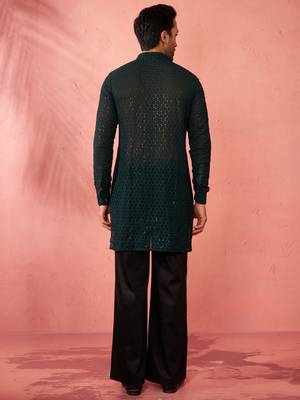 Bottle green georgette embroidered kurta with black satin palazzo pant set - festive ethnic wear 5