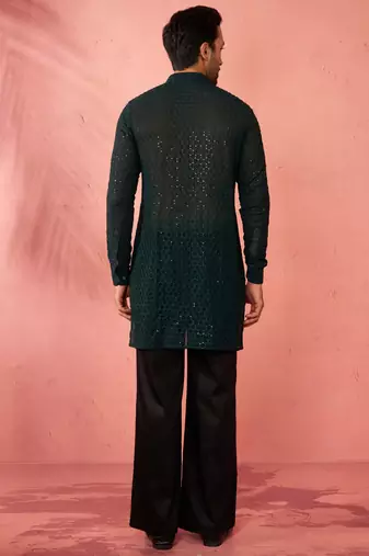 Bottle green georgette embroidered kurta with black satin palazzo pant set - festive ethnic wear