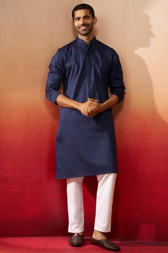 navy blue thread embroidered kurta with pyjama - classic textured set