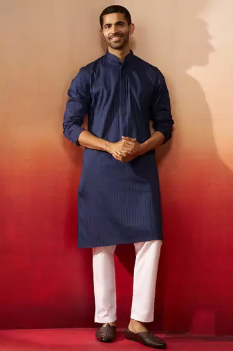 navy blue thread embroidered kurta with pyjama - classic textured set