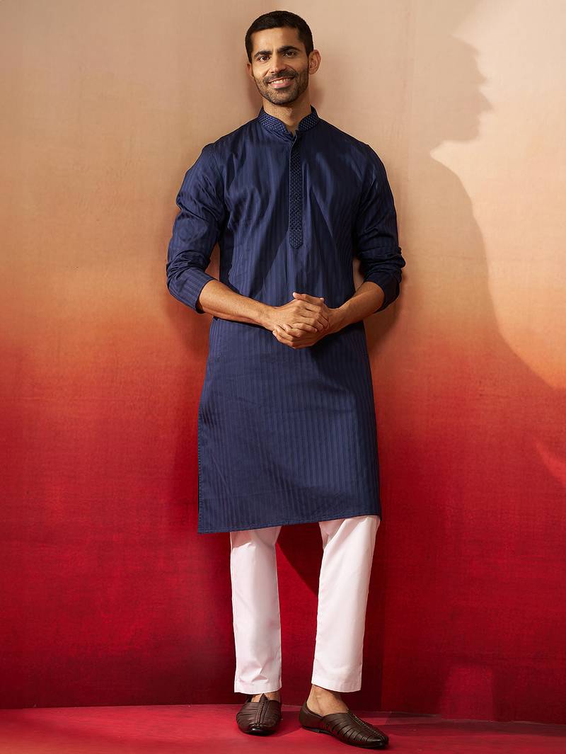 navy blue thread embroidered kurta with pyjama - classic textured set