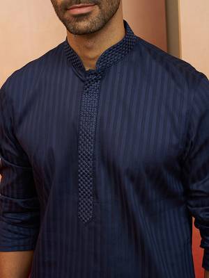 navy blue thread embroidered kurta with pyjama - classic textured set 2