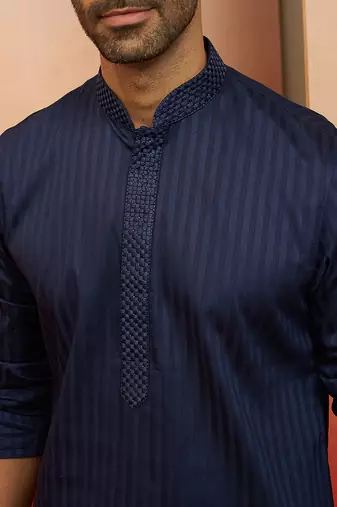 navy blue thread embroidered kurta with pyjama - classic textured set