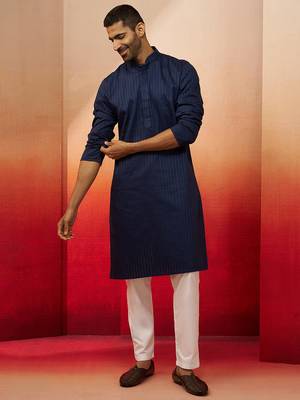 navy blue thread embroidered kurta with pyjama - classic textured set 3