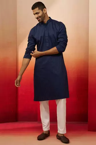 navy blue thread embroidered kurta with pyjama - classic textured set