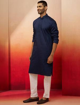 navy blue thread embroidered kurta with pyjama - classic textured set 4