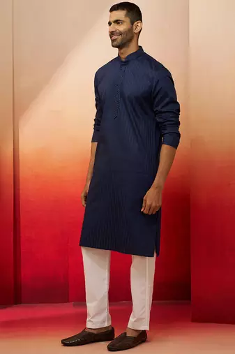 navy blue thread embroidered kurta with pyjama - classic textured set