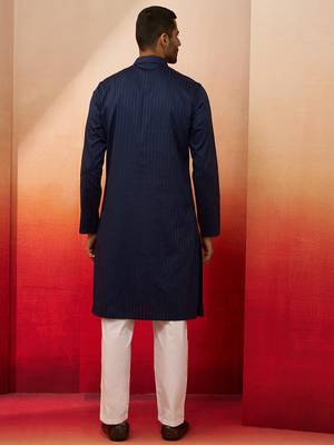navy blue thread embroidered kurta with pyjama - classic textured set 5