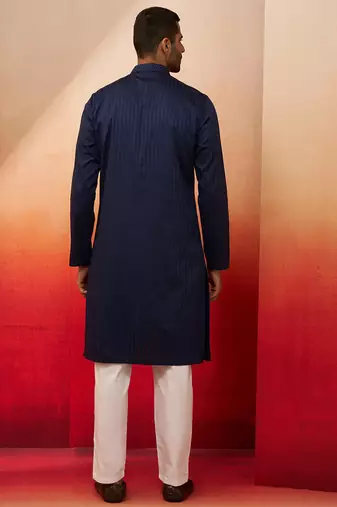 navy blue thread embroidered kurta with pyjama - classic textured set