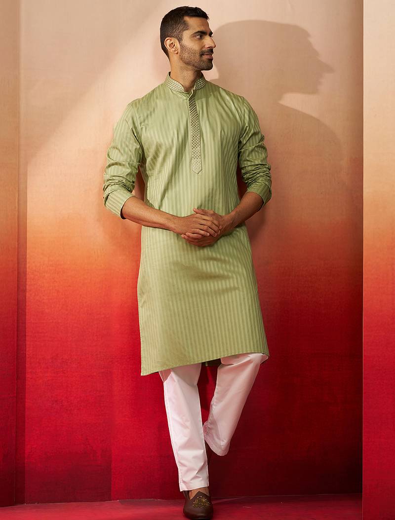 mint green thread embroidered kurta with pyjama - fresh textured set