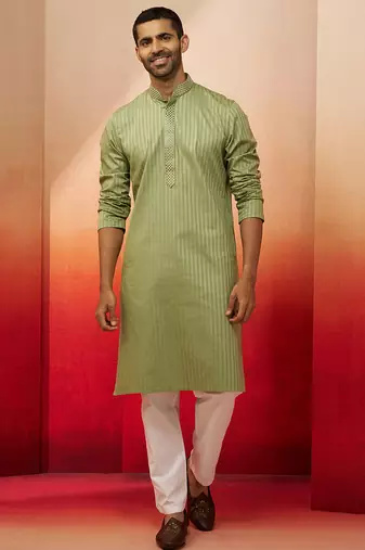 mint green thread embroidered kurta with pyjama - fresh textured set