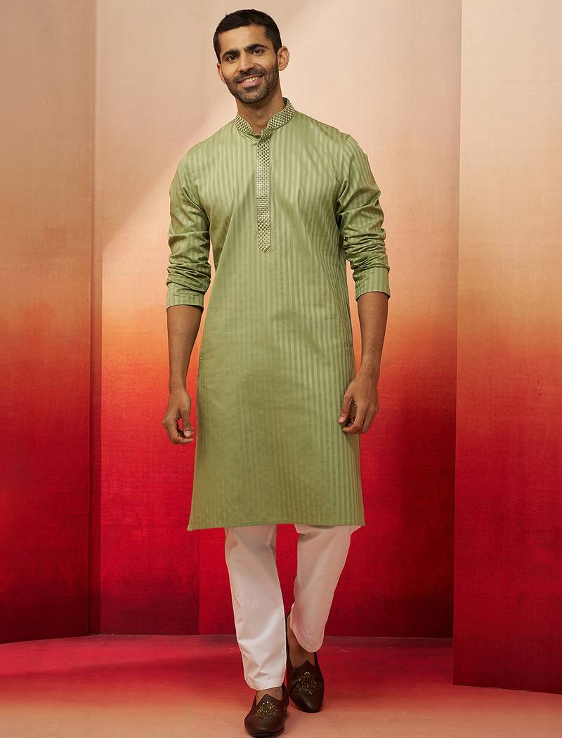 mint green thread embroidered kurta with pyjama - fresh textured set
