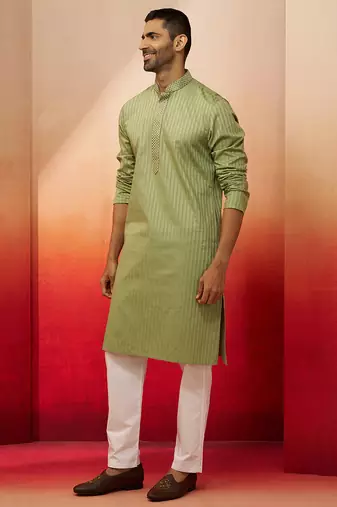 mint green thread embroidered kurta with pyjama - fresh textured set