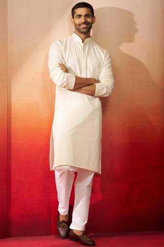 cream thread embroidered kurta with pyjama - elegant textured set