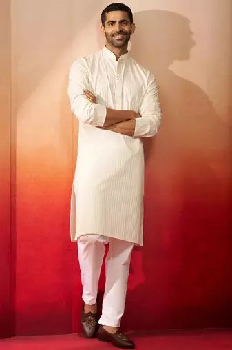 cream thread embroidered kurta with pyjama - elegant textured set