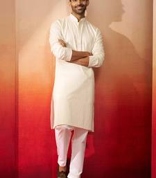 cream thread embroidered kurta with pyjama - elegant textured set