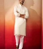 cream thread embroidered kurta with pyjama - elegant textured set