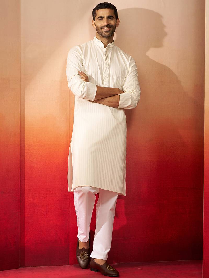 cream thread embroidered kurta with pyjama - elegant textured set